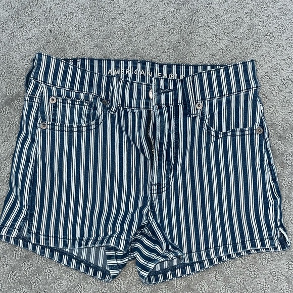 AE Next Level Stretch High Waisted Denim Striped Shorts - Picture 1 of 5
